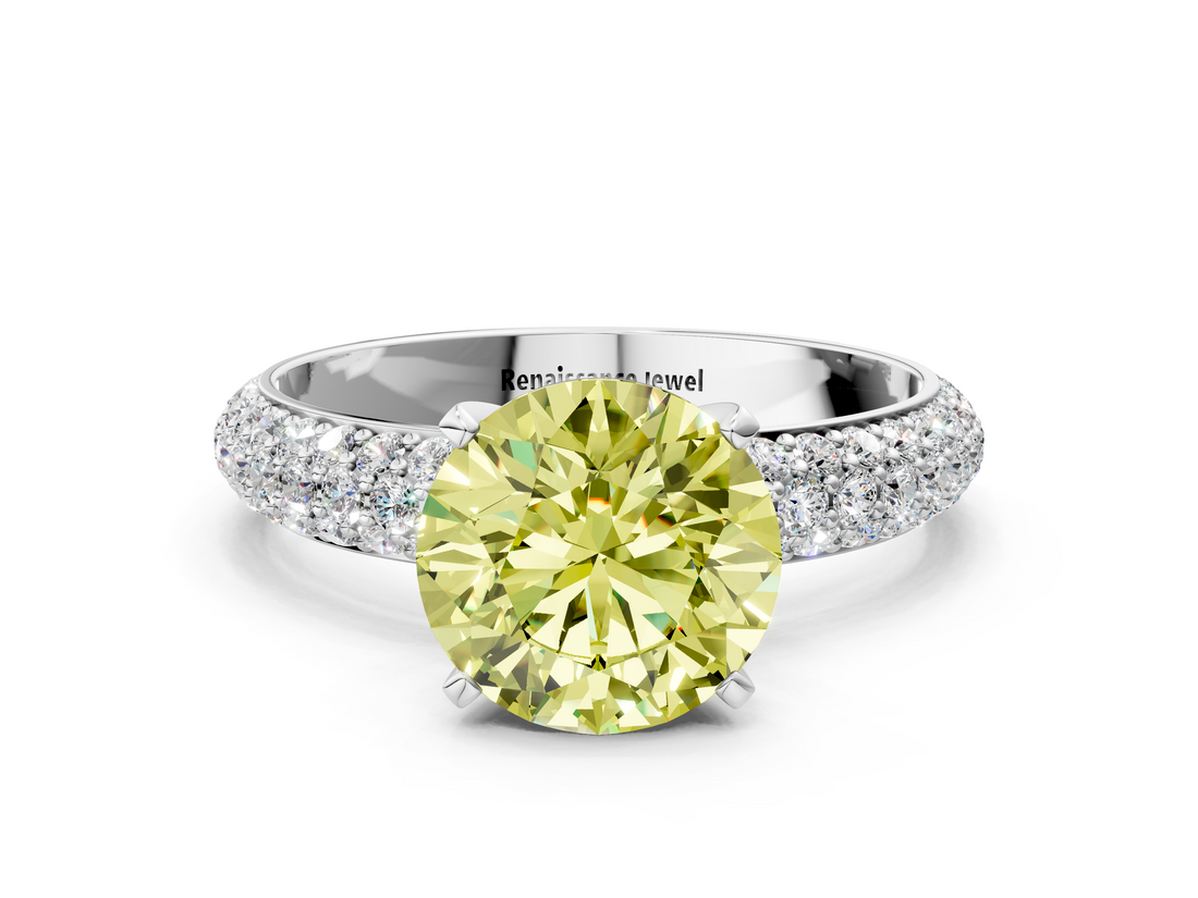 White gold Fancy Yellow Round  Solitaire with Pave Band and Four-Prong Setting_3