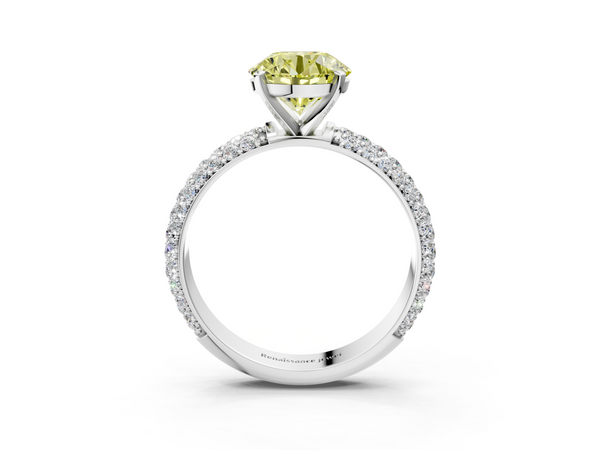 Platinum Fancy Yellow Round  Diamond Solitaire Ring with Prong Setting and Pavé Band