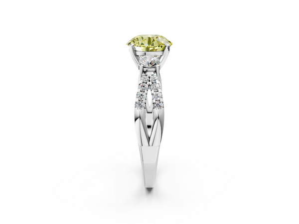 Platinum Fancy Yellow Round Cut Diamond Three-Stone Ring with Pavé Split Shank and Four-Prong Setting