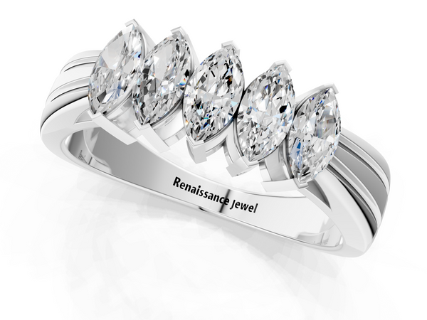 Platinum Five-Stone Marquise Diamond Split Shank Ring with Shared Prong Setting