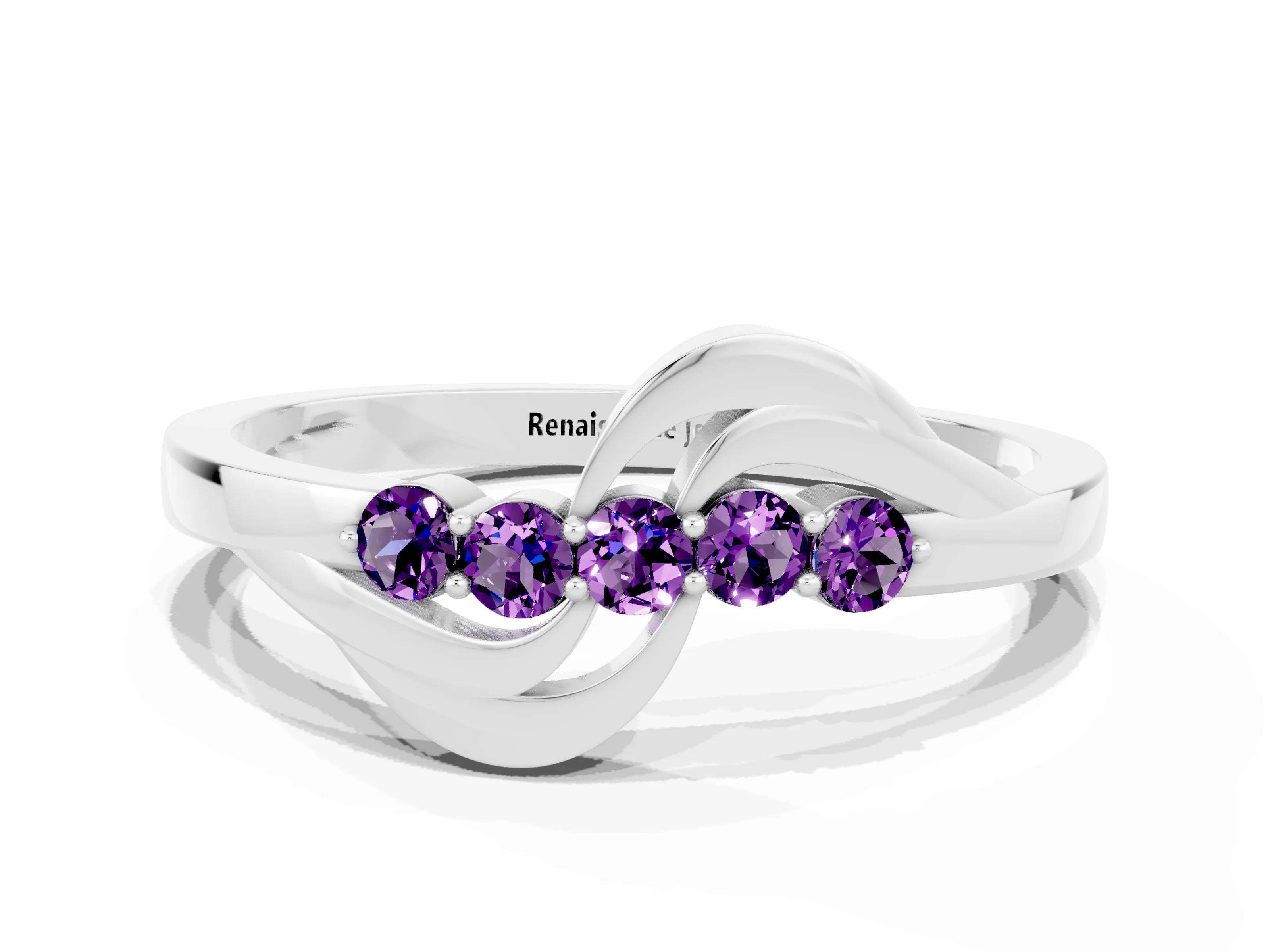 White gold Five-Stone Round Amethyst Crossover Band with Prong Setting_18