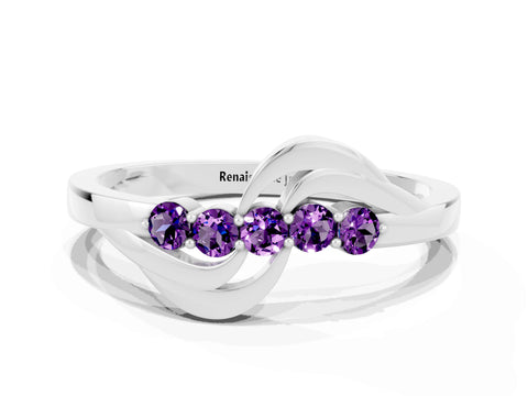 White gold Five-Stone Round Amethyst Crossover Band with Prong Setting_18