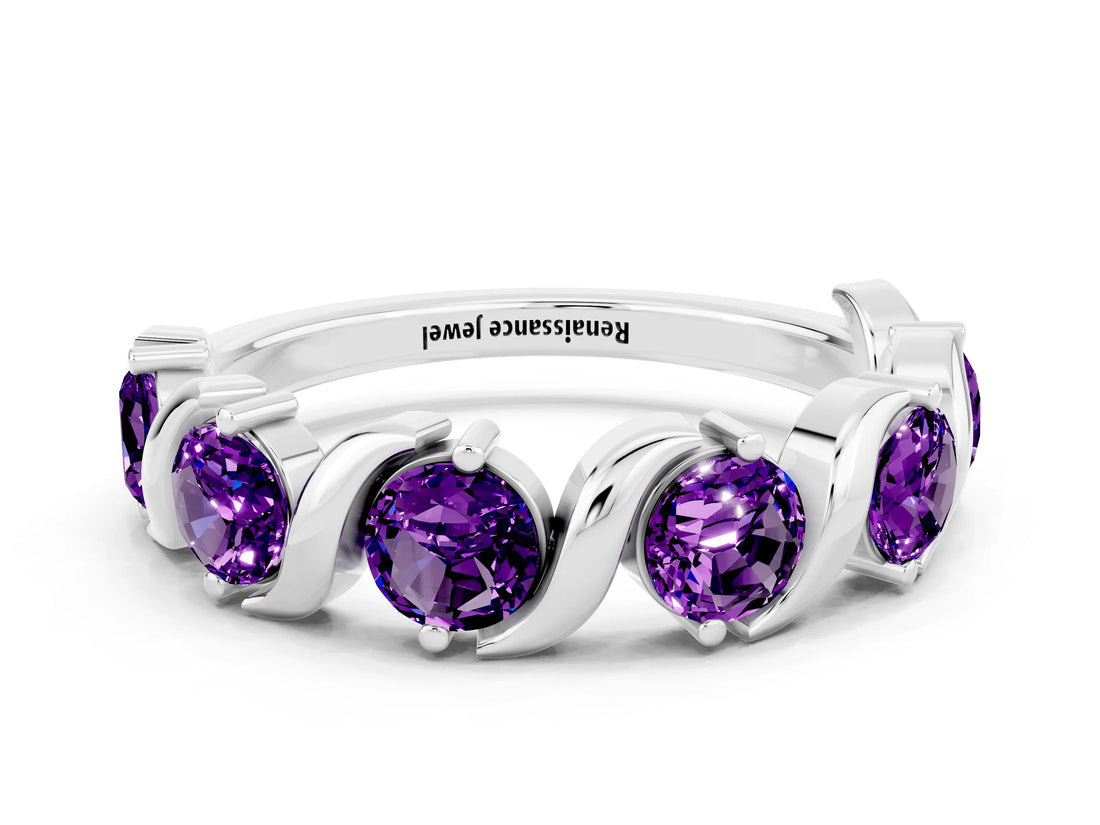 White gold Five-Stone Round Amethyst Wave Band with Shared Prong Setting_6