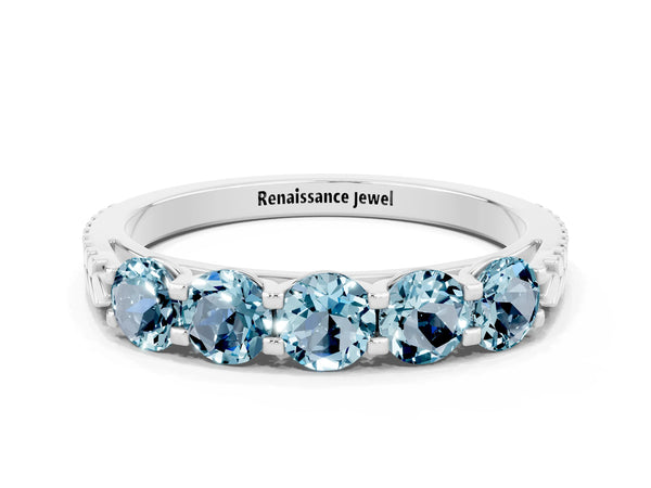 Platinum Five-Stone Round Aquamarine Prong-Set Band