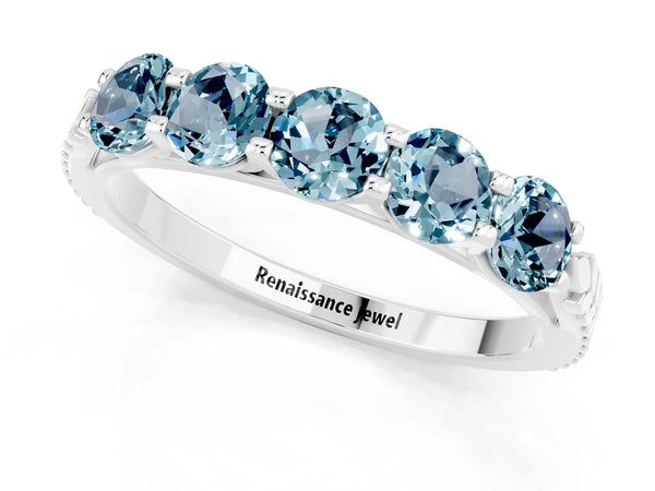 White gold Five-Stone Round Aquamarine Prong-Set Band