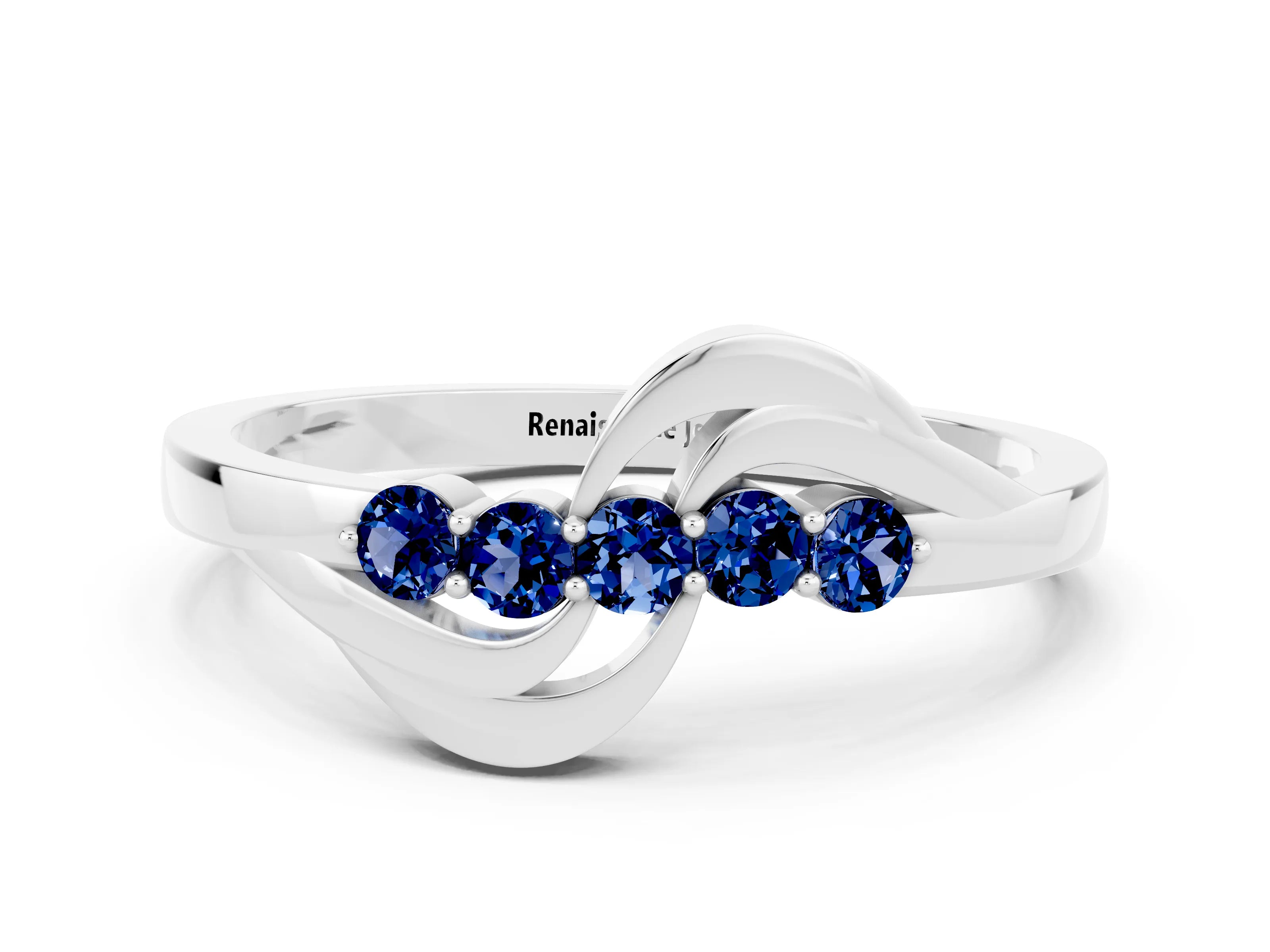 White gold Five-Stone Round Blue Sapphire Crossover Band with Prong Setting_18