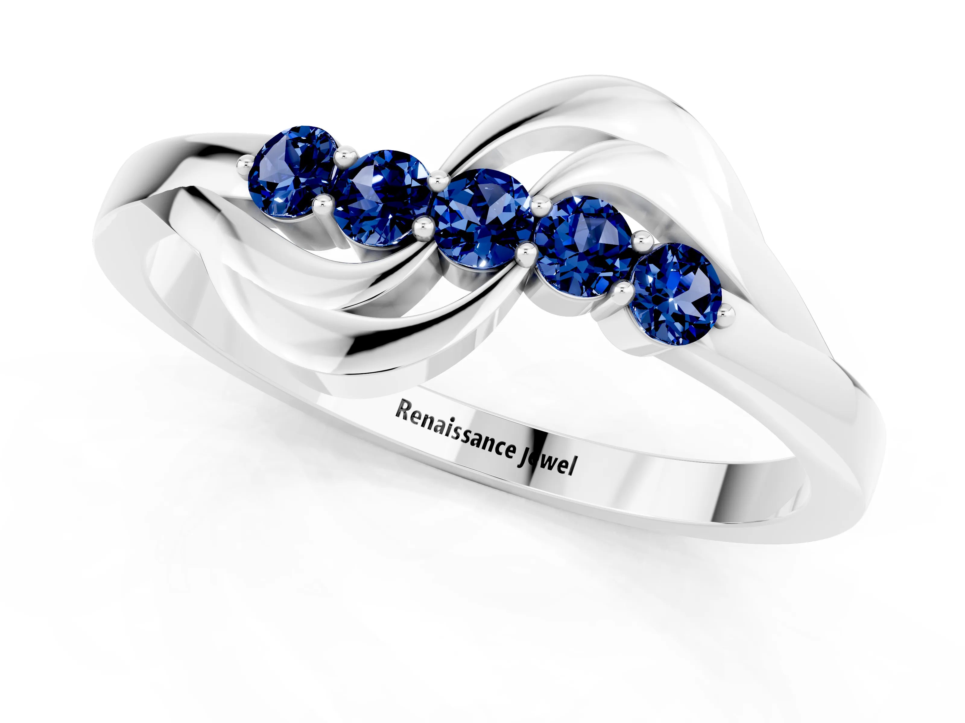 White gold Five-Stone Round Blue Sapphire Crossover Band with Prong Setting_19