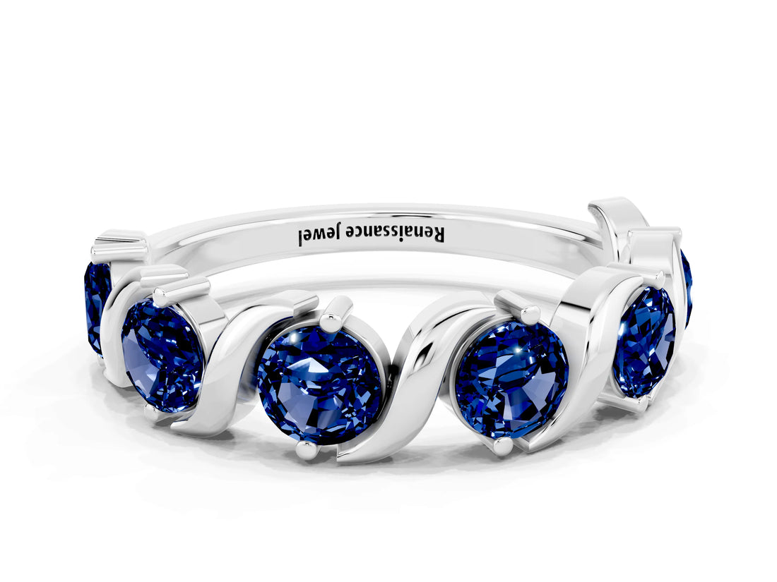 White gold Five-Stone Round Blue Sapphire Wave Band with Shared Prong Setting_6