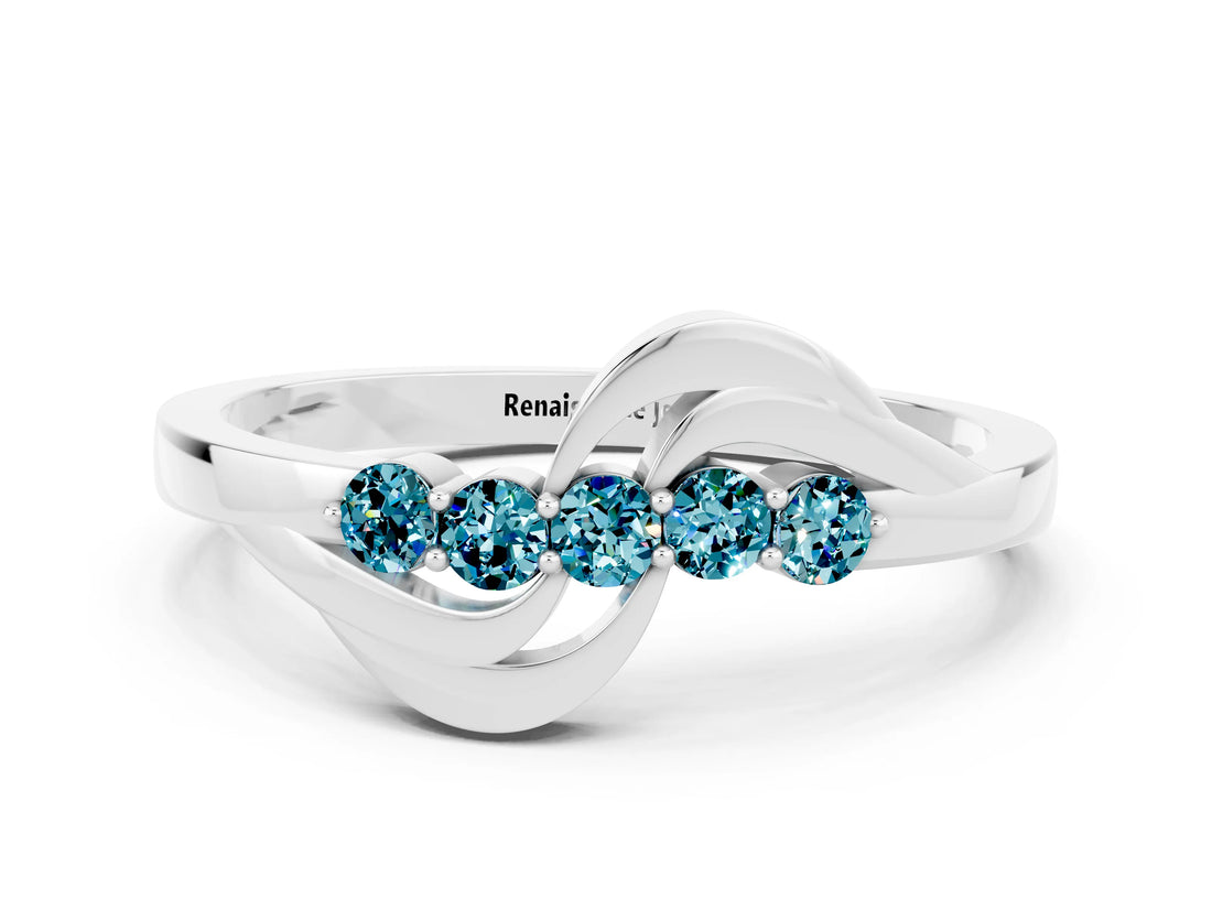 White gold Five-Stone Round Blue Topaz Crossover Band with Prong Setting_18