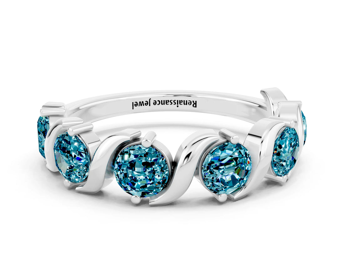 White gold Five-Stone Round Blue Topaz Wave Band with Shared Prong Setting_6