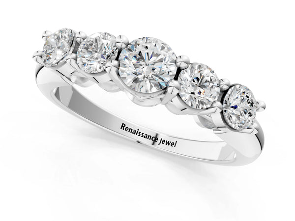 Platinum Five-Stone Round Brilliant Diamond Prong Set White Gold Band