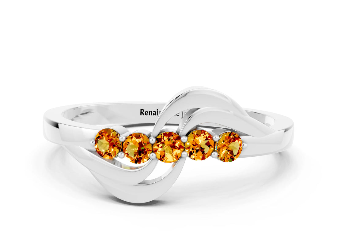 White gold Five-Stone Round Citrine Crossover Band with Prong Setting_18