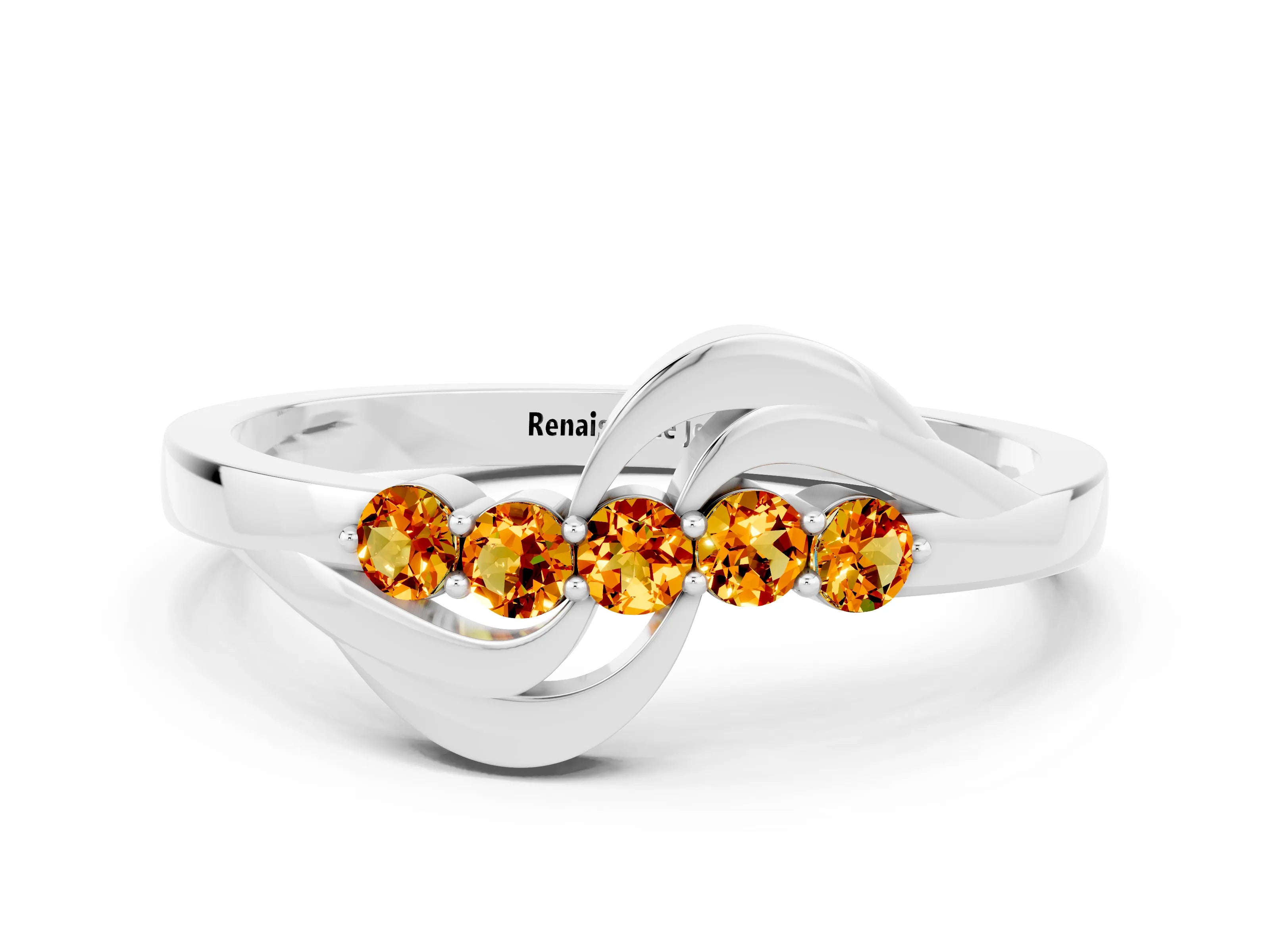 White gold Five-Stone Round Citrine Crossover Band with Prong Setting_18