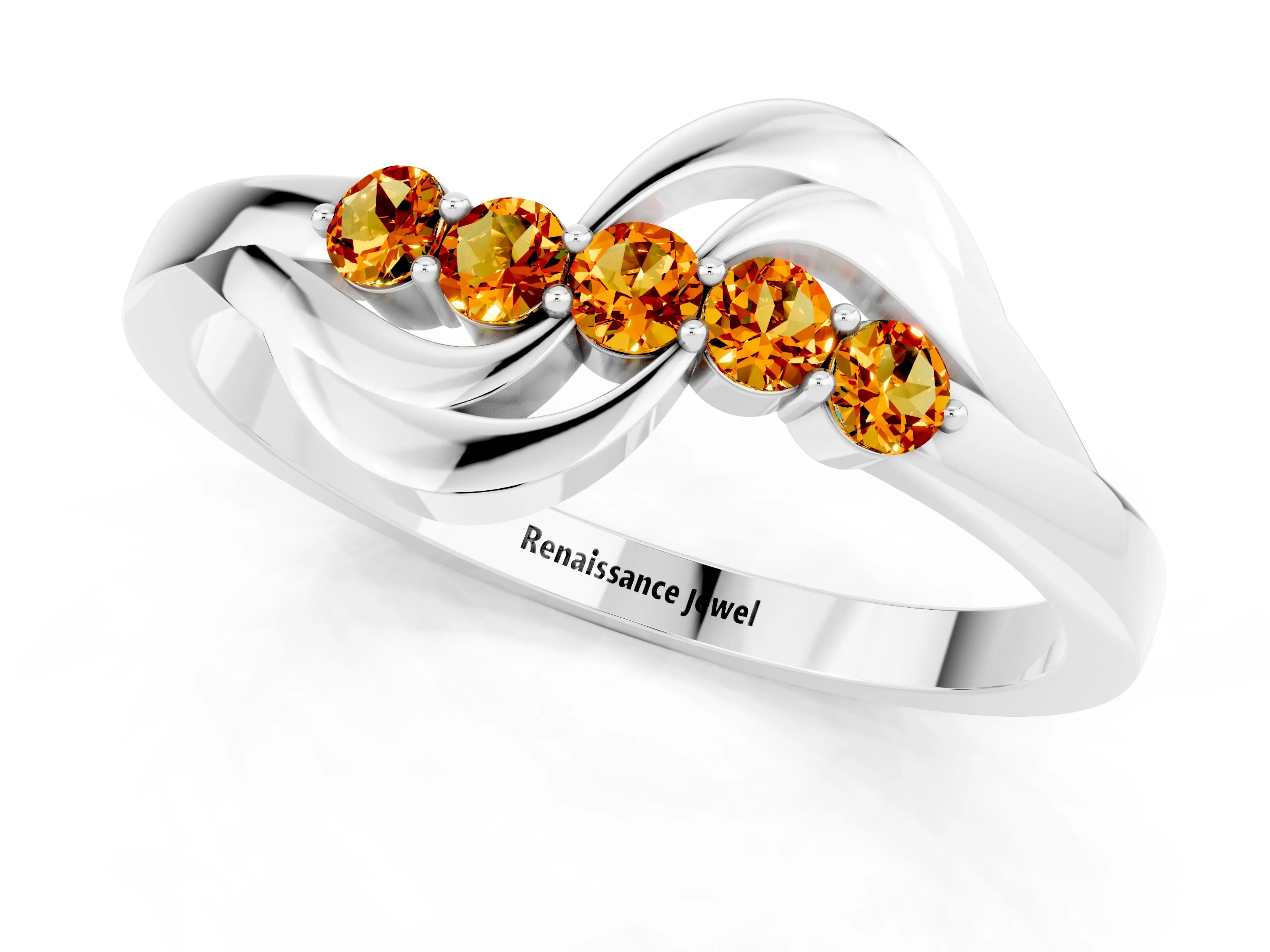 White gold Five-Stone Round Citrine Crossover Band with Prong Setting_19