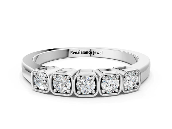 Platinum Five-Stone Round Diamond Bezel Set White Gold Band