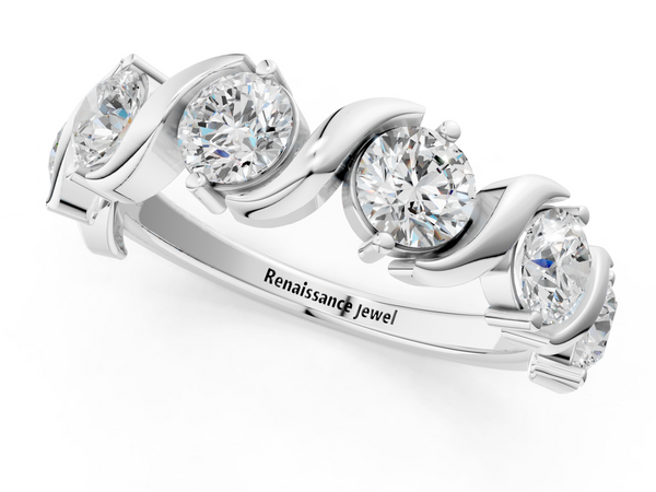 Platinum Six-Stone Round Diamond Wave Band with Shared Prong Setting