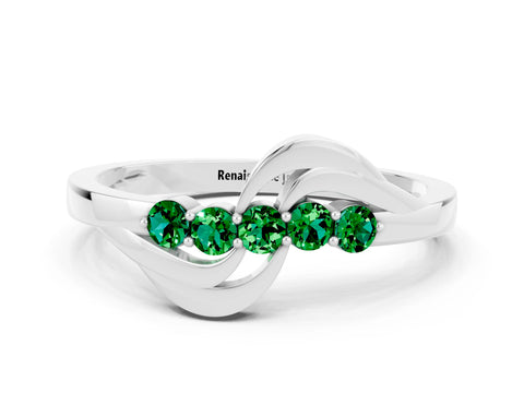 White gold Five-Stone Round Emerald Crossover Band with Prong Setting_18