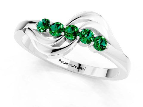 White gold Five-Stone Round Emerald Crossover Band with Prong Setting_19