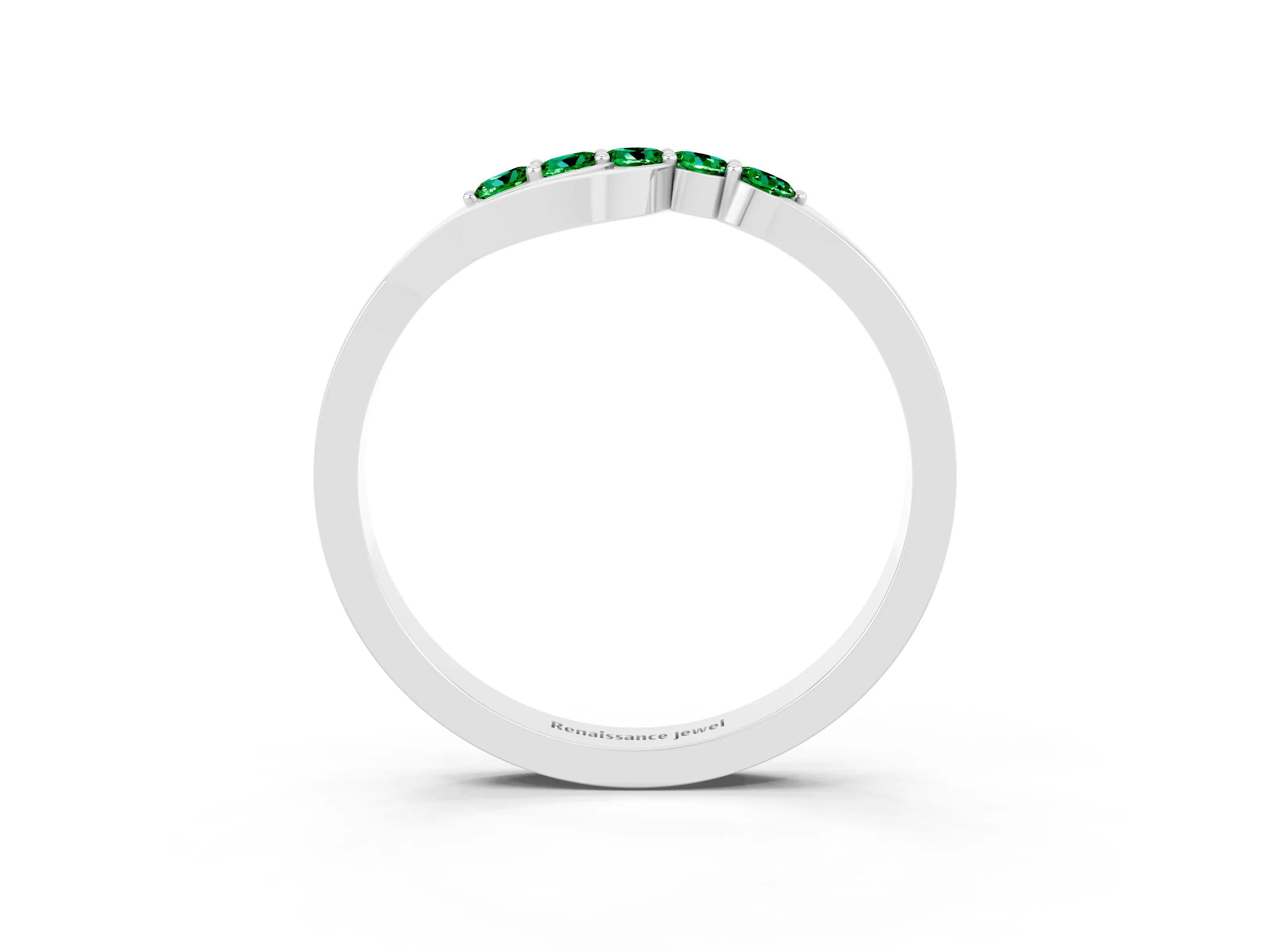 White gold Five-Stone Round Emerald Crossover Band with Prong Setting_21