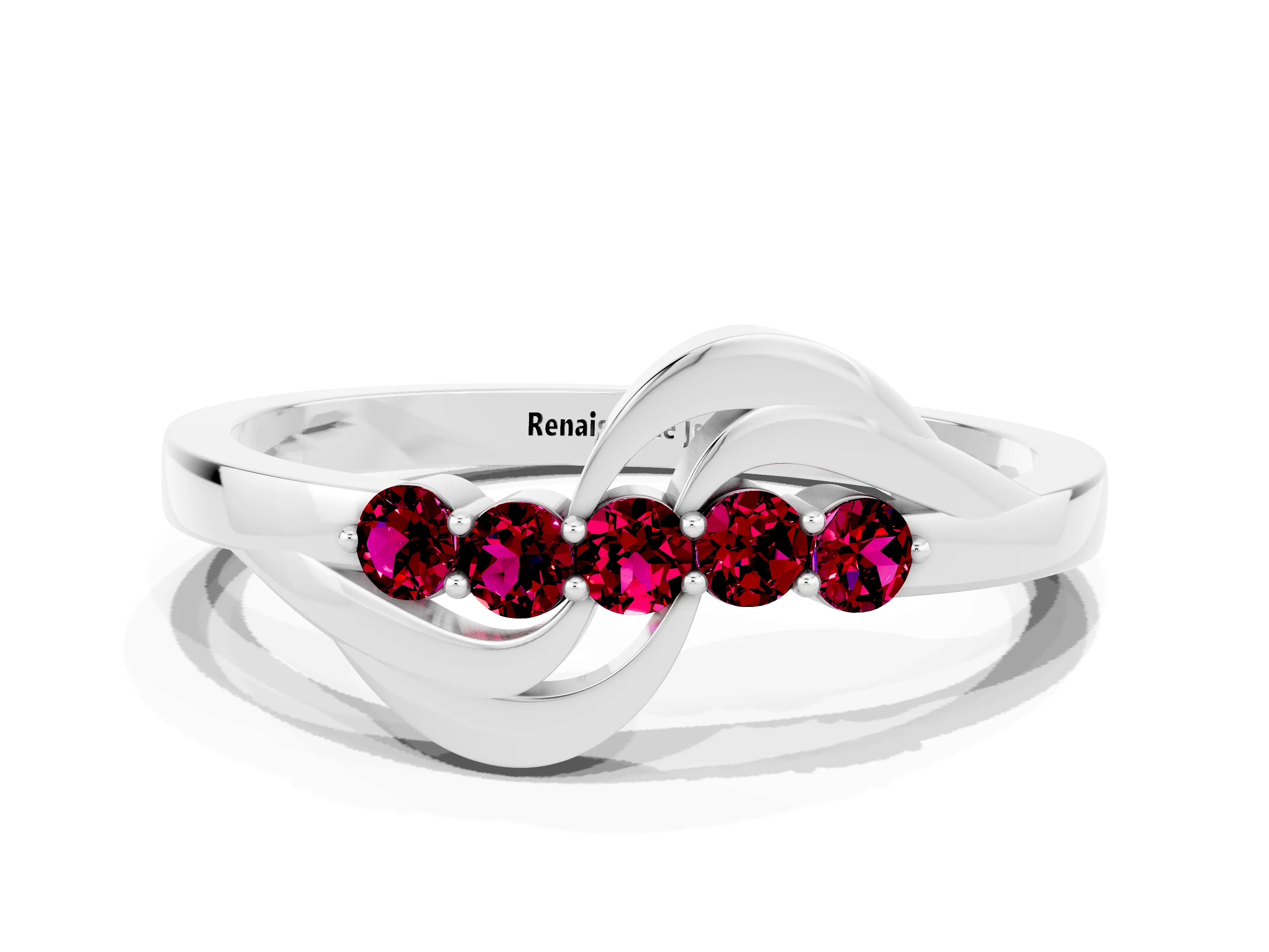 White gold Five-Stone Round Garnet Crossover Band with Prong Setting_18