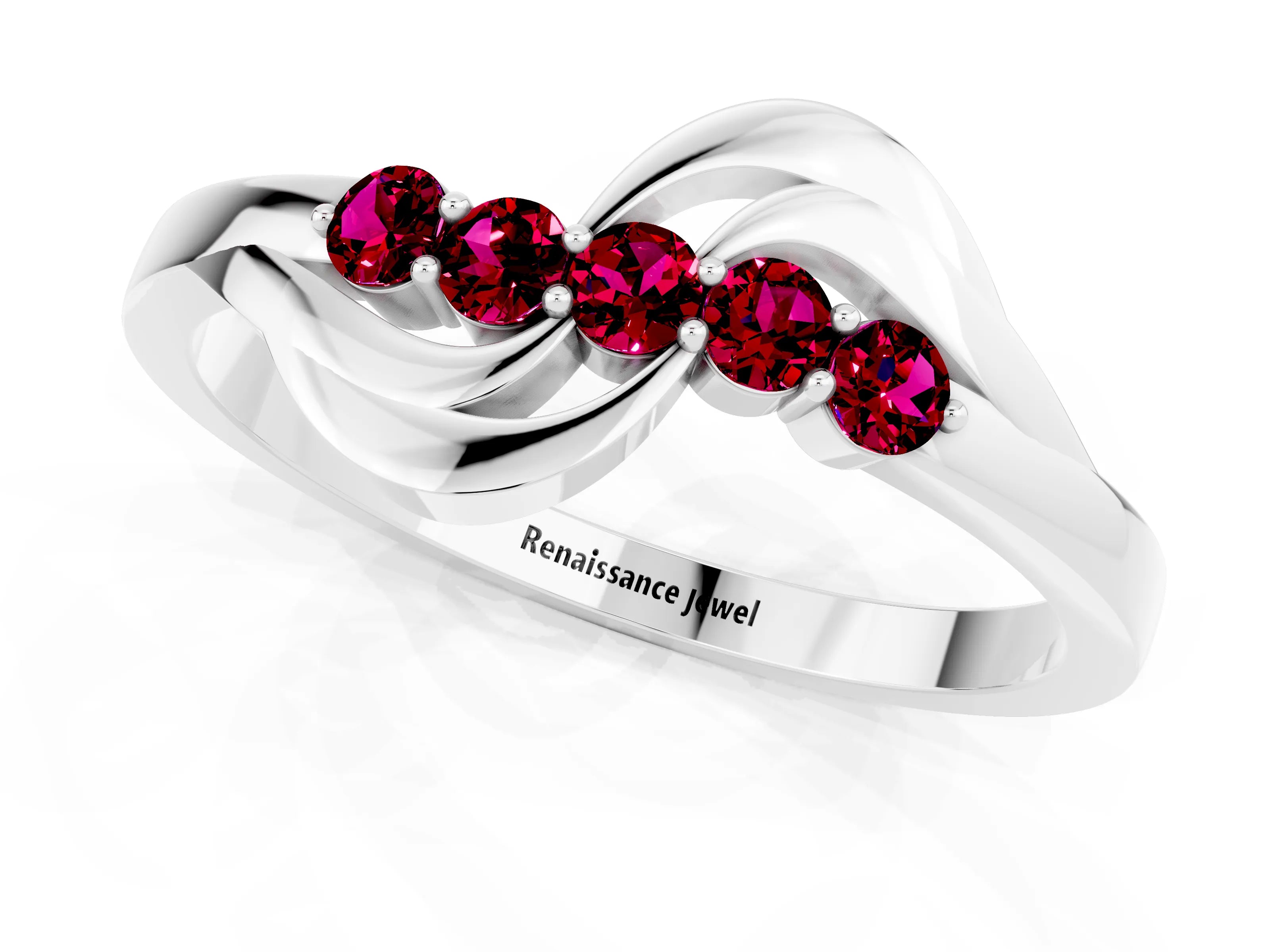 White gold Five-Stone Round Garnet Crossover Band with Prong Setting_19