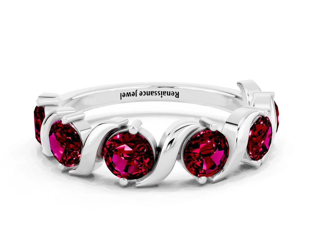 White gold Five-Stone Round Garnet Wave Band with Shared Prong Setting_6