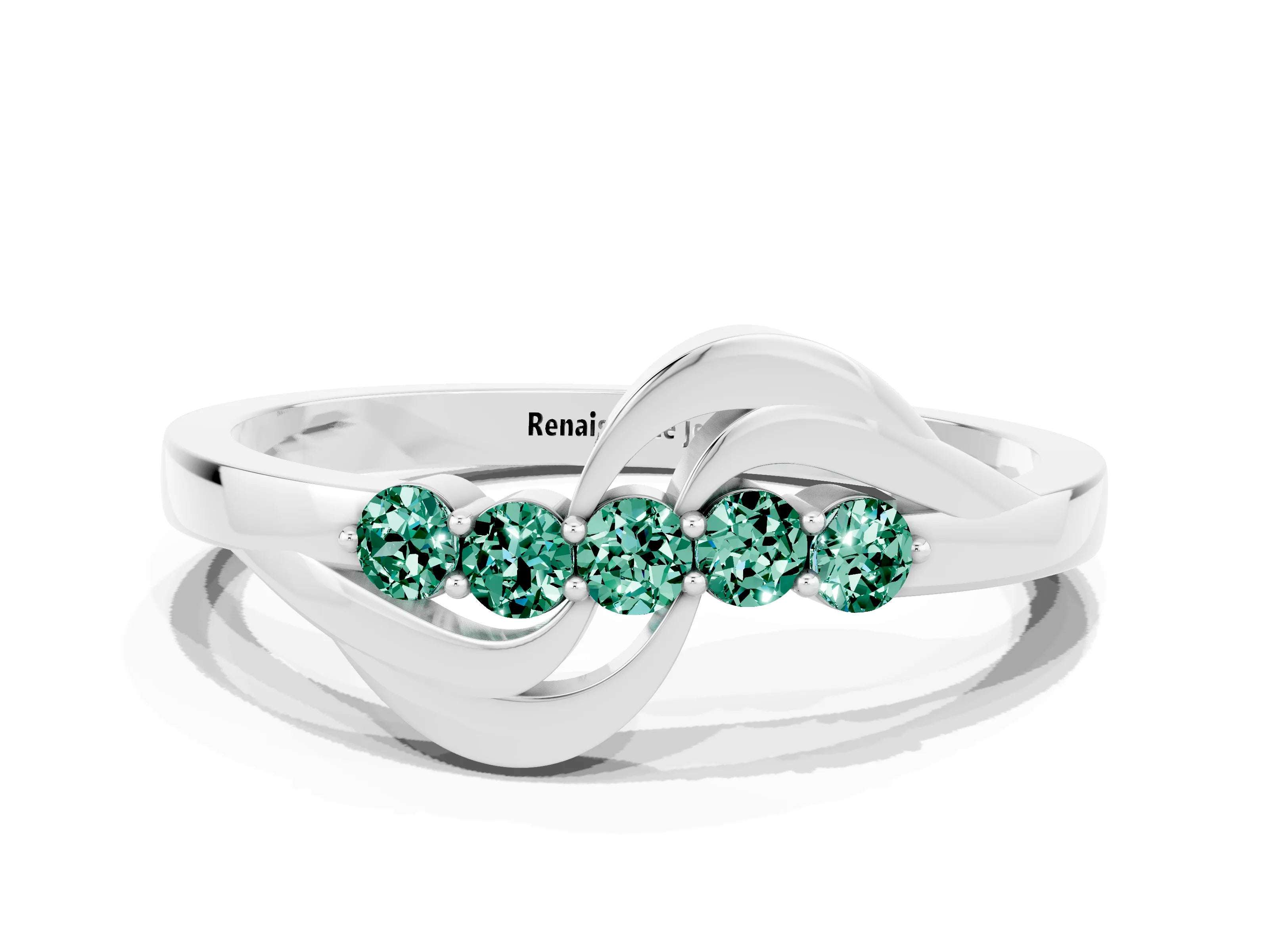 White gold Five-Stone Round Green Sapphire Crossover Band with Prong Setting_18
