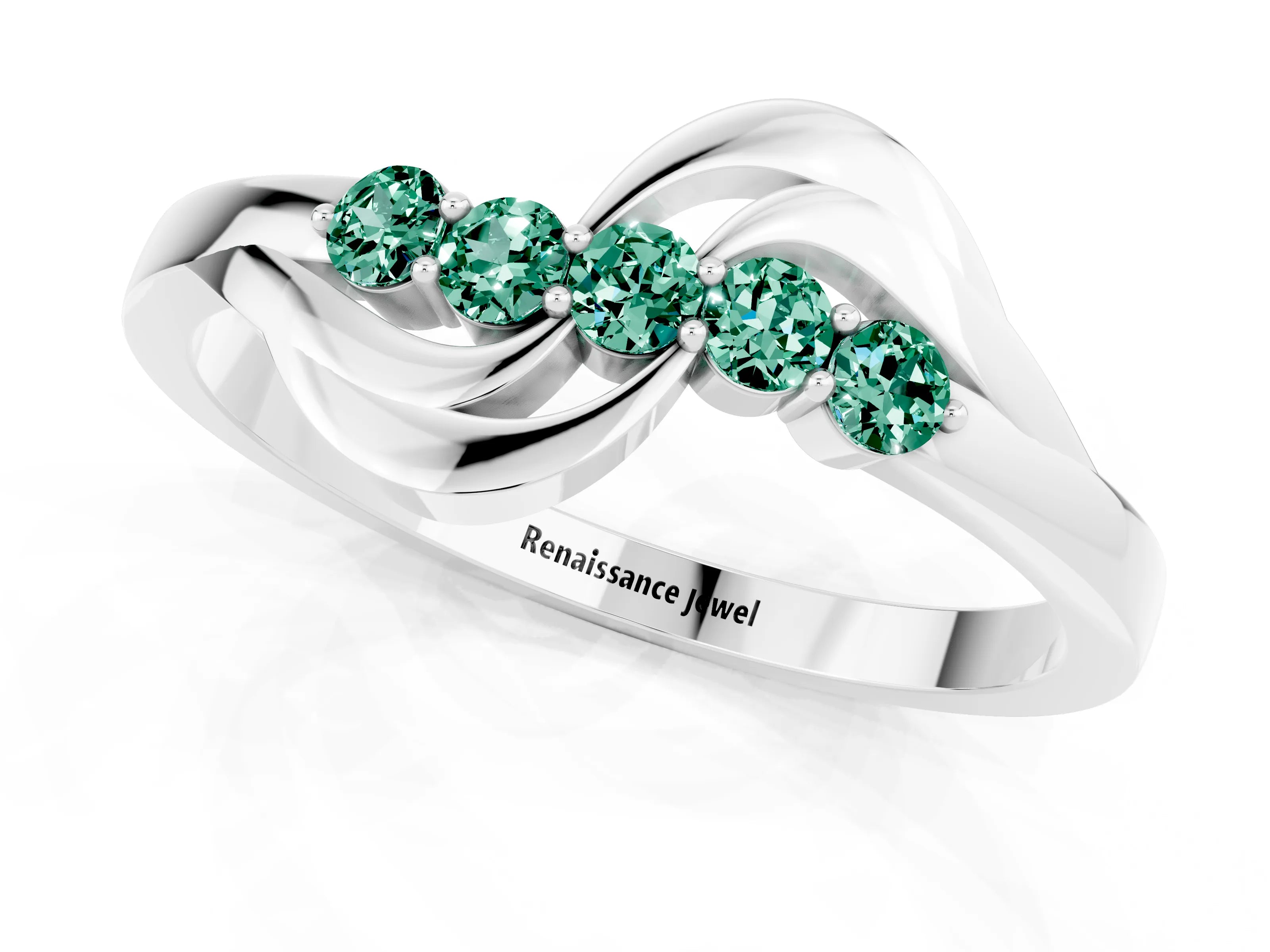 White gold Five-Stone Round Green Sapphire Crossover Band with Prong Setting_19