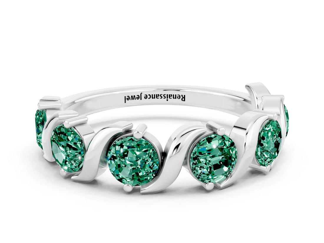 White gold Five-Stone Round Green Sapphire Wave Band with Shared Prong Setting_6