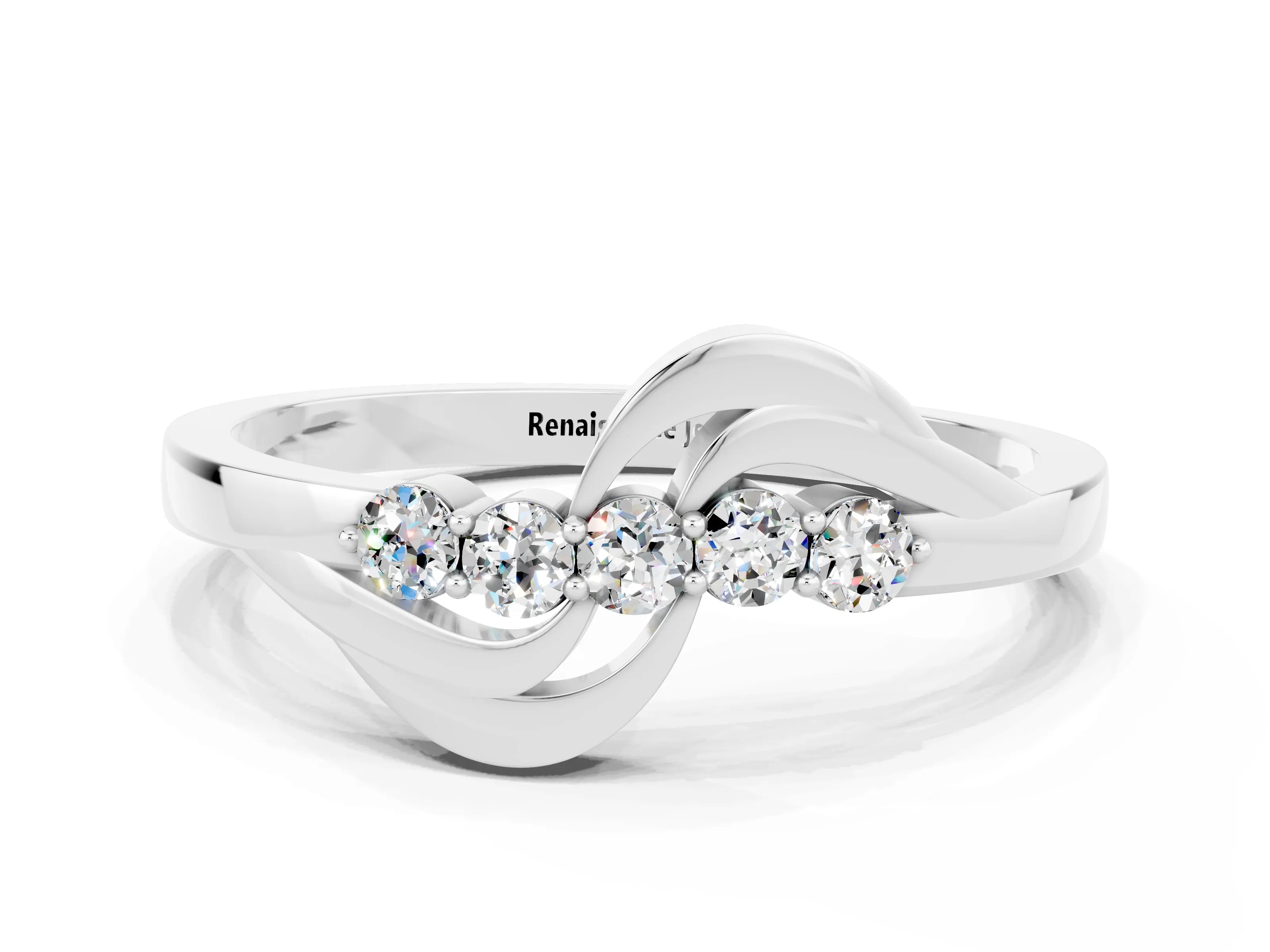 White gold Five-Stone Round Moissanite Crossover Band with Prong Setting_18
