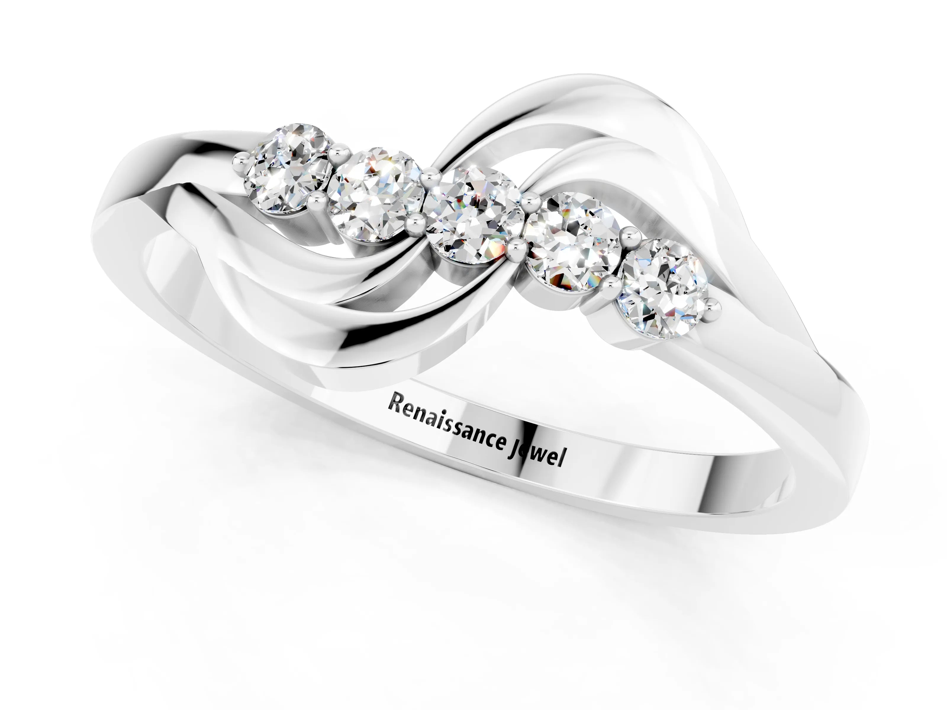 White gold Five-Stone Round Moissanite Crossover Band with Prong Setting_19