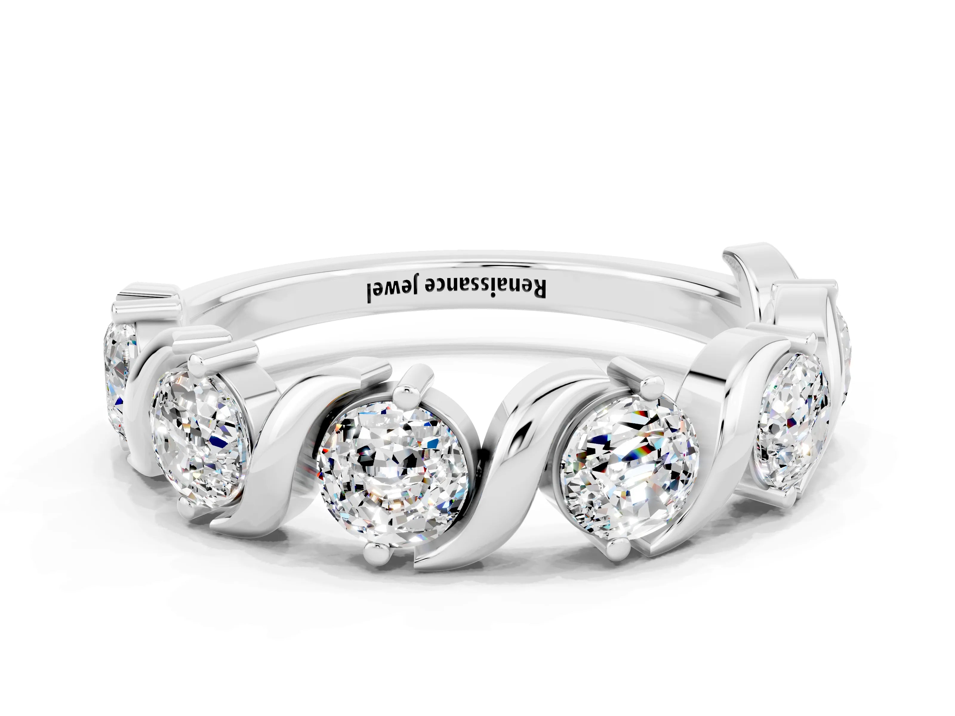 White gold Five-Stone Round Moissanite Wave Band with Shared Prong Setting_6