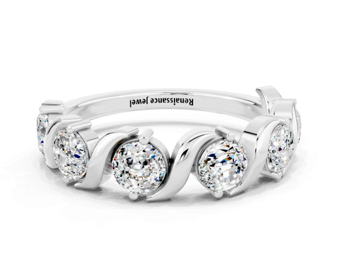 White gold Five-Stone Round Moissanite Wave Band with Shared Prong Setting_6