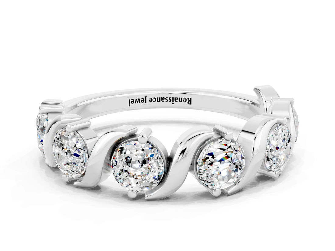 White gold Five-Stone Round Moissanite Wave Band with Shared Prong Setting_6