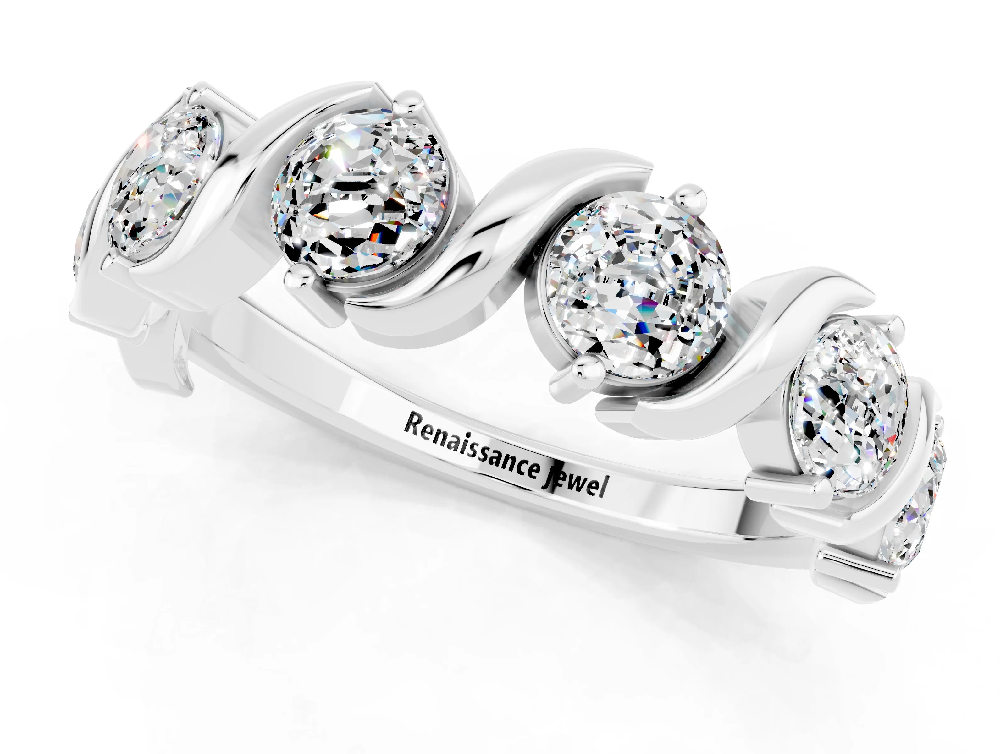 White gold Five-Stone Round Moissanite Wave Band with Shared Prong Setting_7