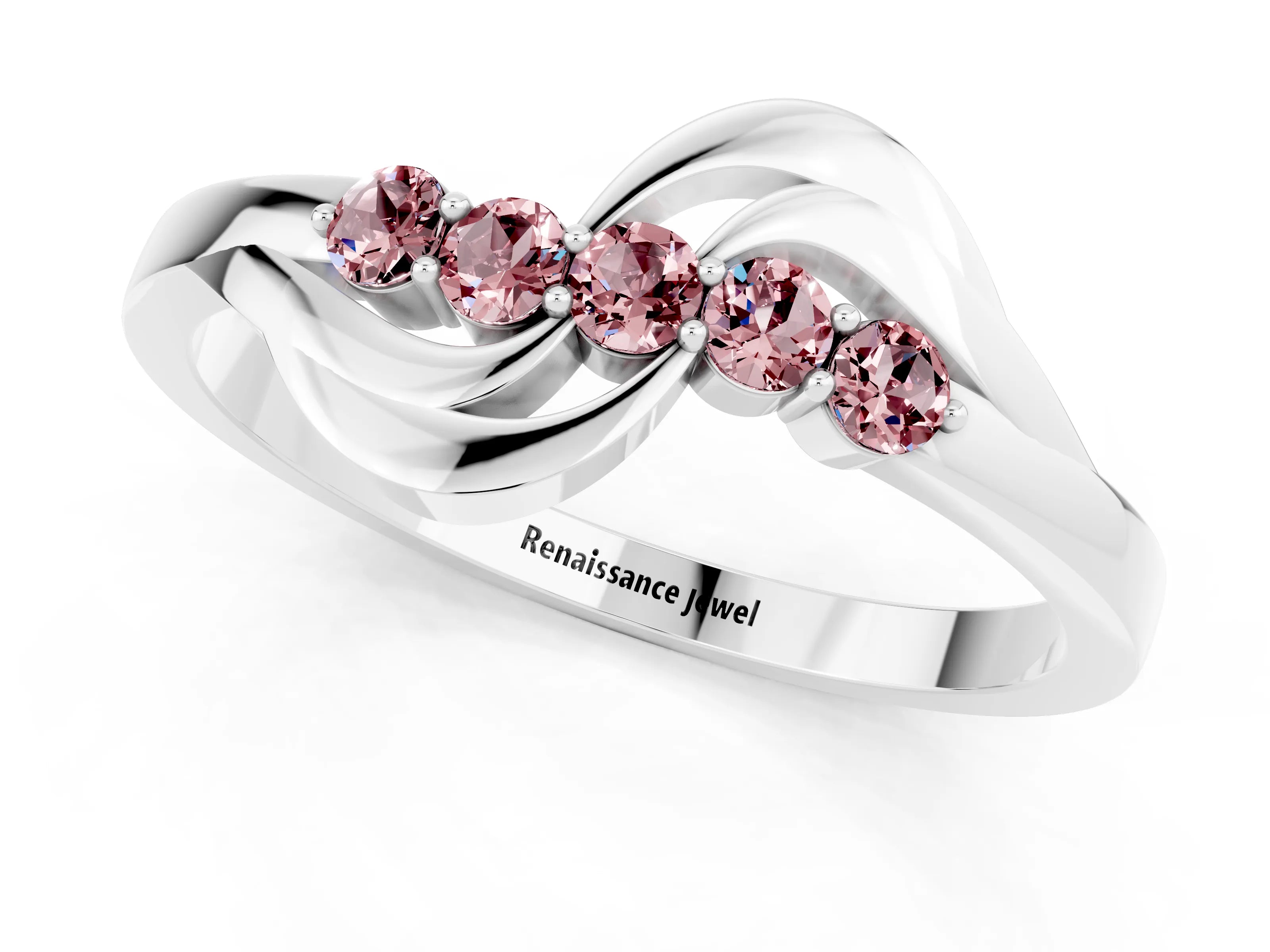 White gold Five-Stone Round Morganite Crossover Band with Prong Setting_19
