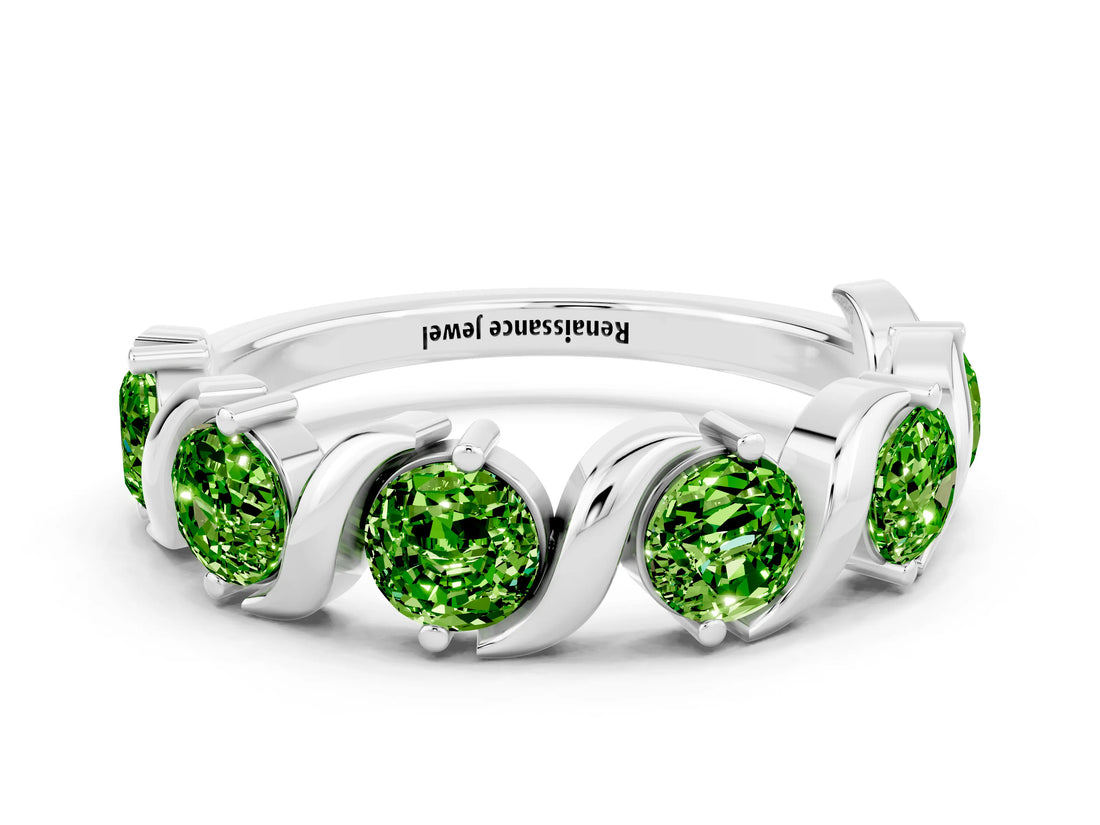 White gold Five-Stone Round Peridot Wave Band with Shared Prong Setting_6