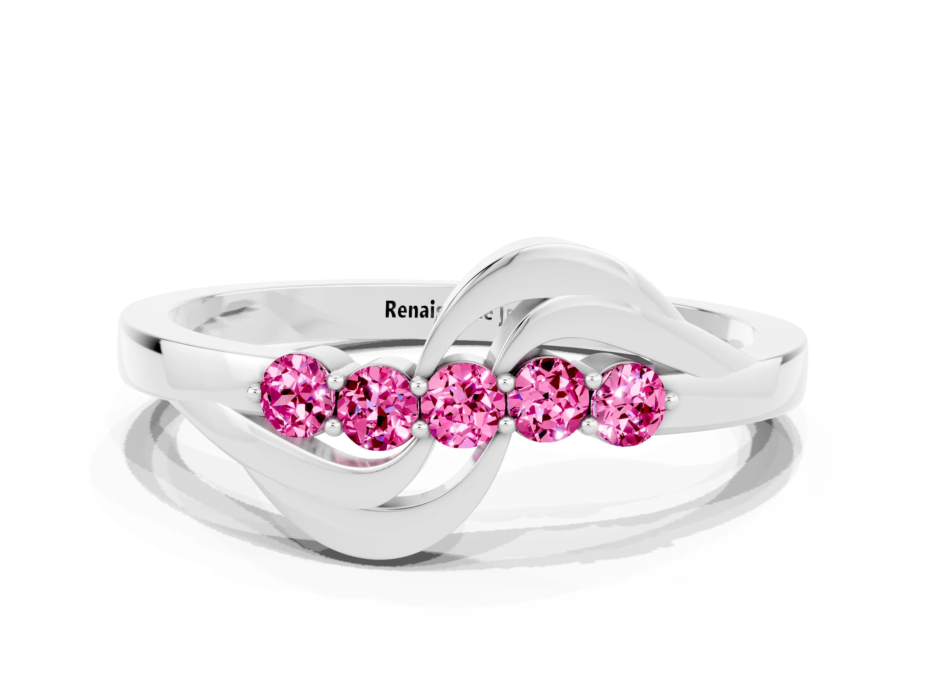 White gold Five-Stone Round Pink Sapphire Crossover Band with Prong Setting_18