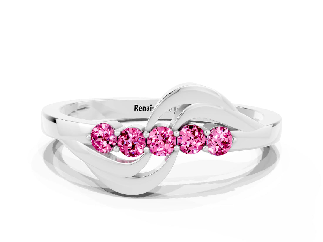 White gold Five-Stone Round Pink Sapphire Crossover Band with Prong Setting_18