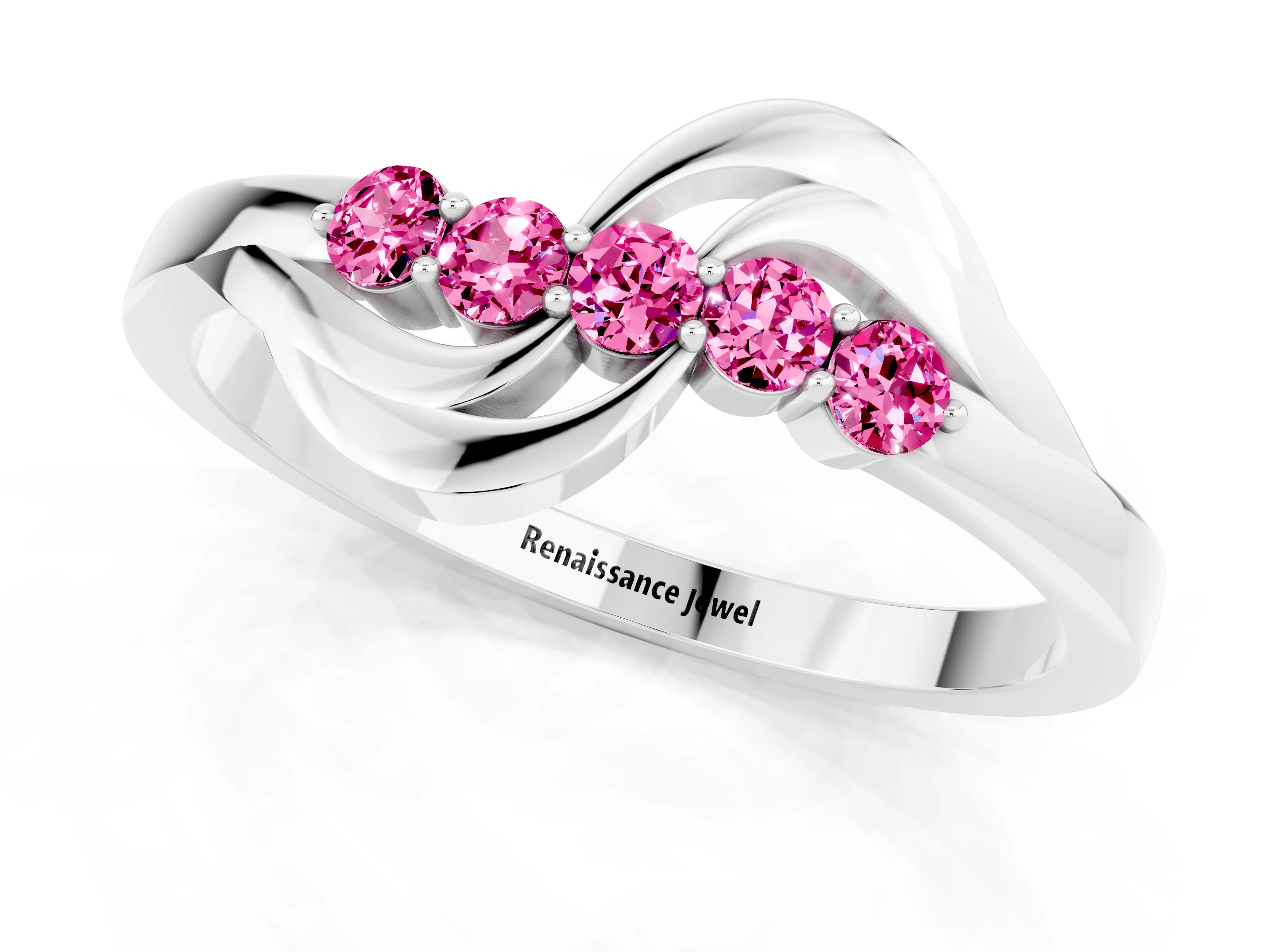White gold Five-Stone Round Pink Sapphire Crossover Band with Prong Setting_19