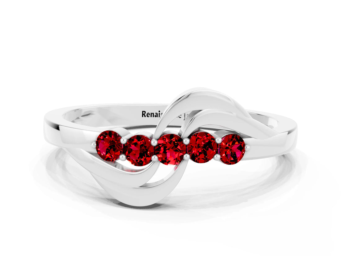 White gold Five-Stone Round Ruby Crossover Band with Prong Setting_18
