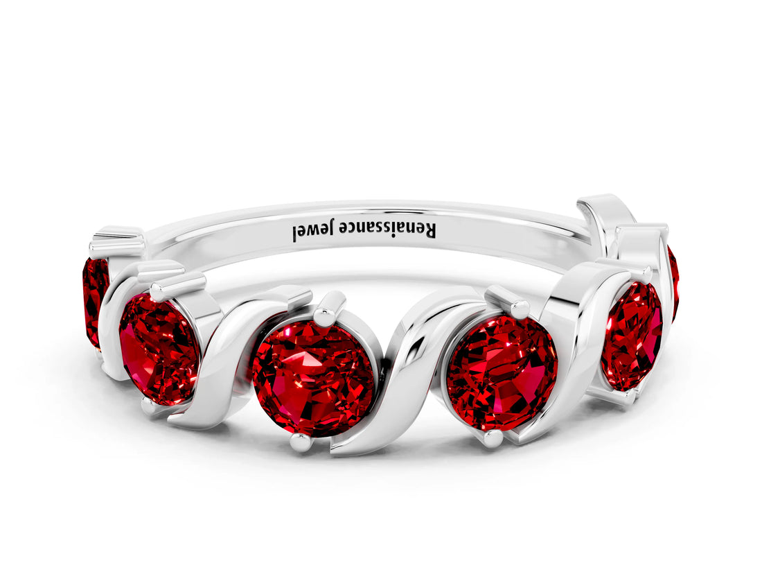 White gold Five-Stone Round Ruby Wave Band with Shared Prong Setting_6