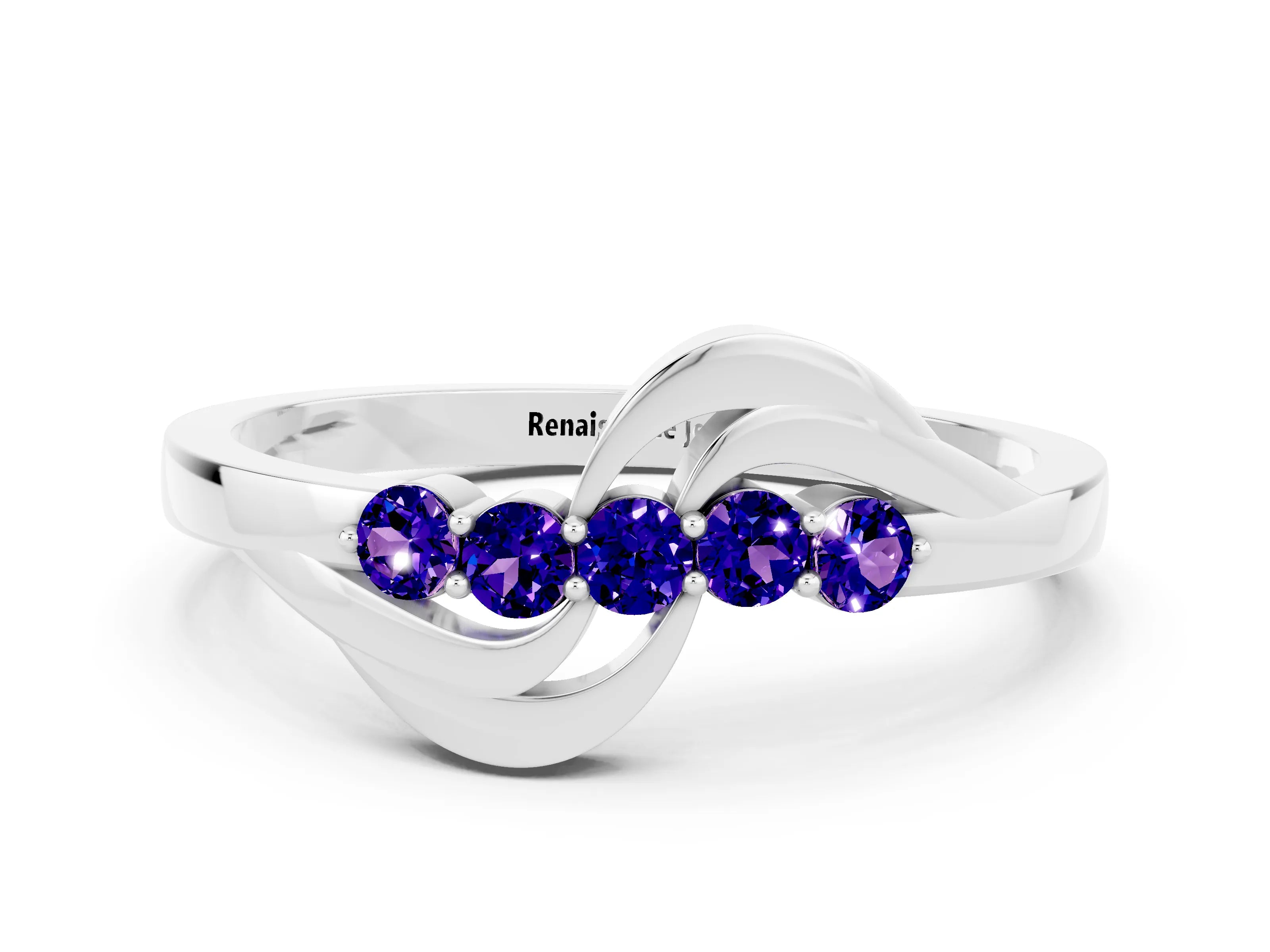 White gold Five-Stone Round Tanzanite Crossover Band with Prong Setting_18
