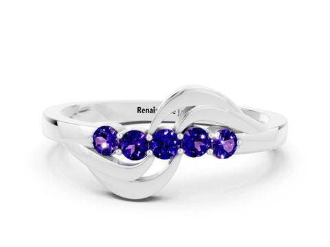 White gold Five-Stone Round Tanzanite Crossover Band with Prong Setting_18