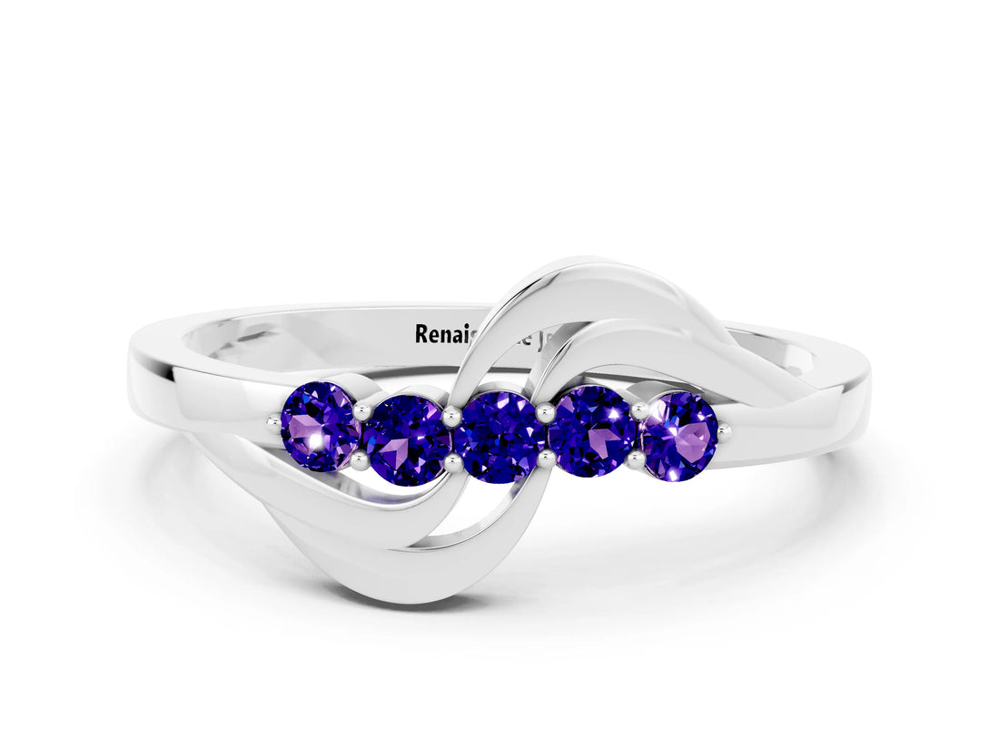 White gold Five-Stone Round Tanzanite Crossover Band with Prong Setting_18