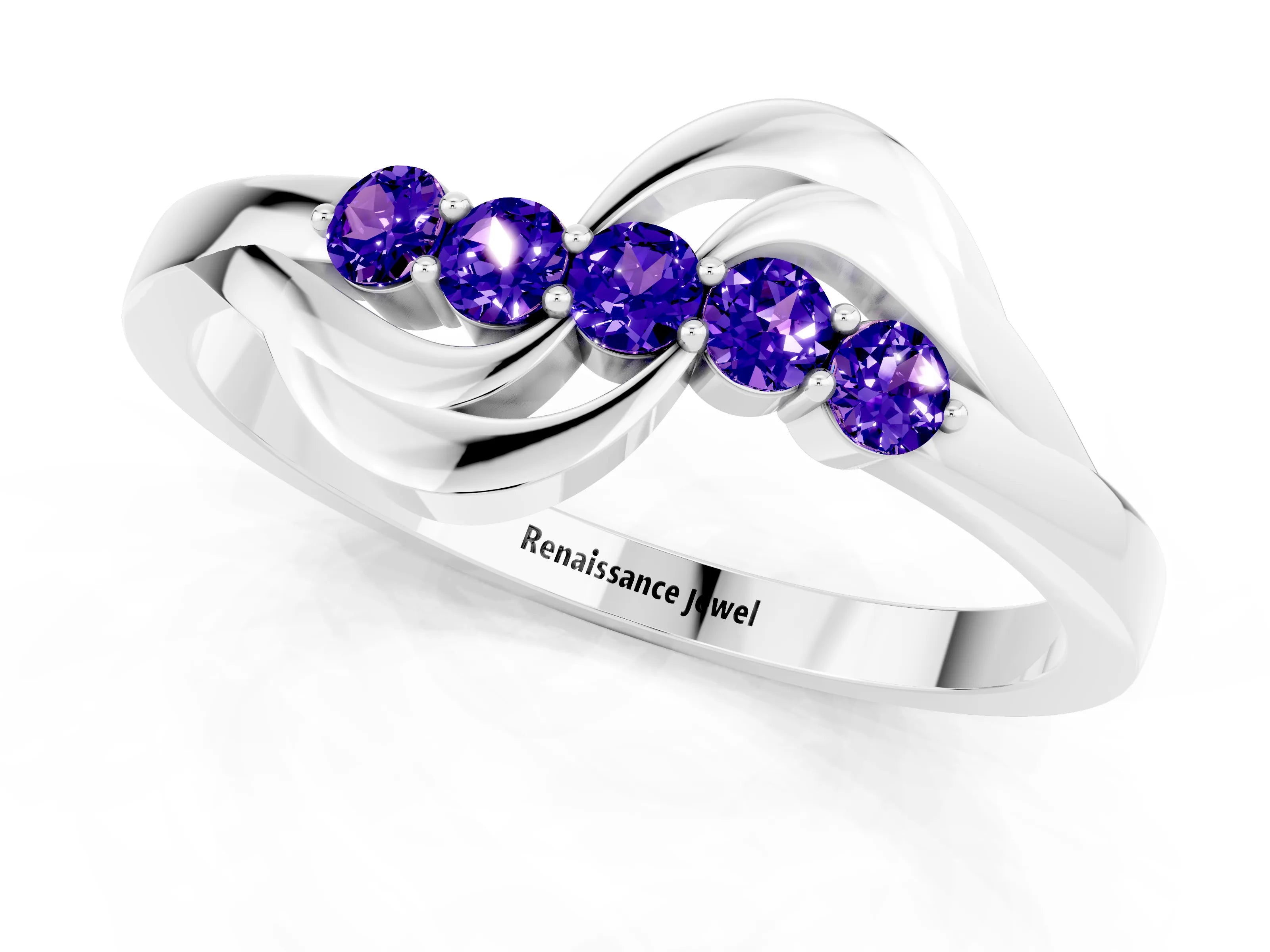 White gold Five-Stone Round Tanzanite Crossover Band with Prong Setting_19