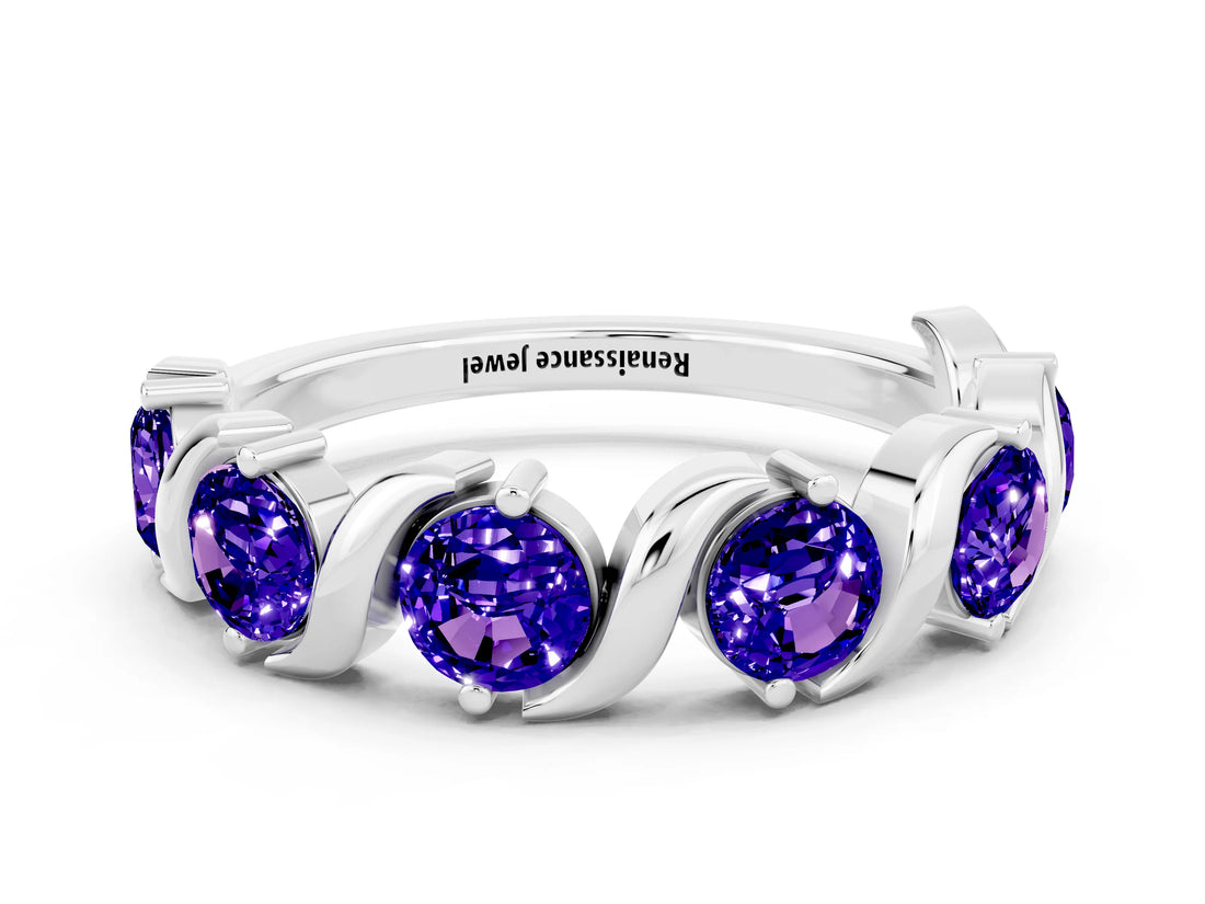 White gold Five-Stone Round Tanzanite Wave Band with Shared Prong Setting_6