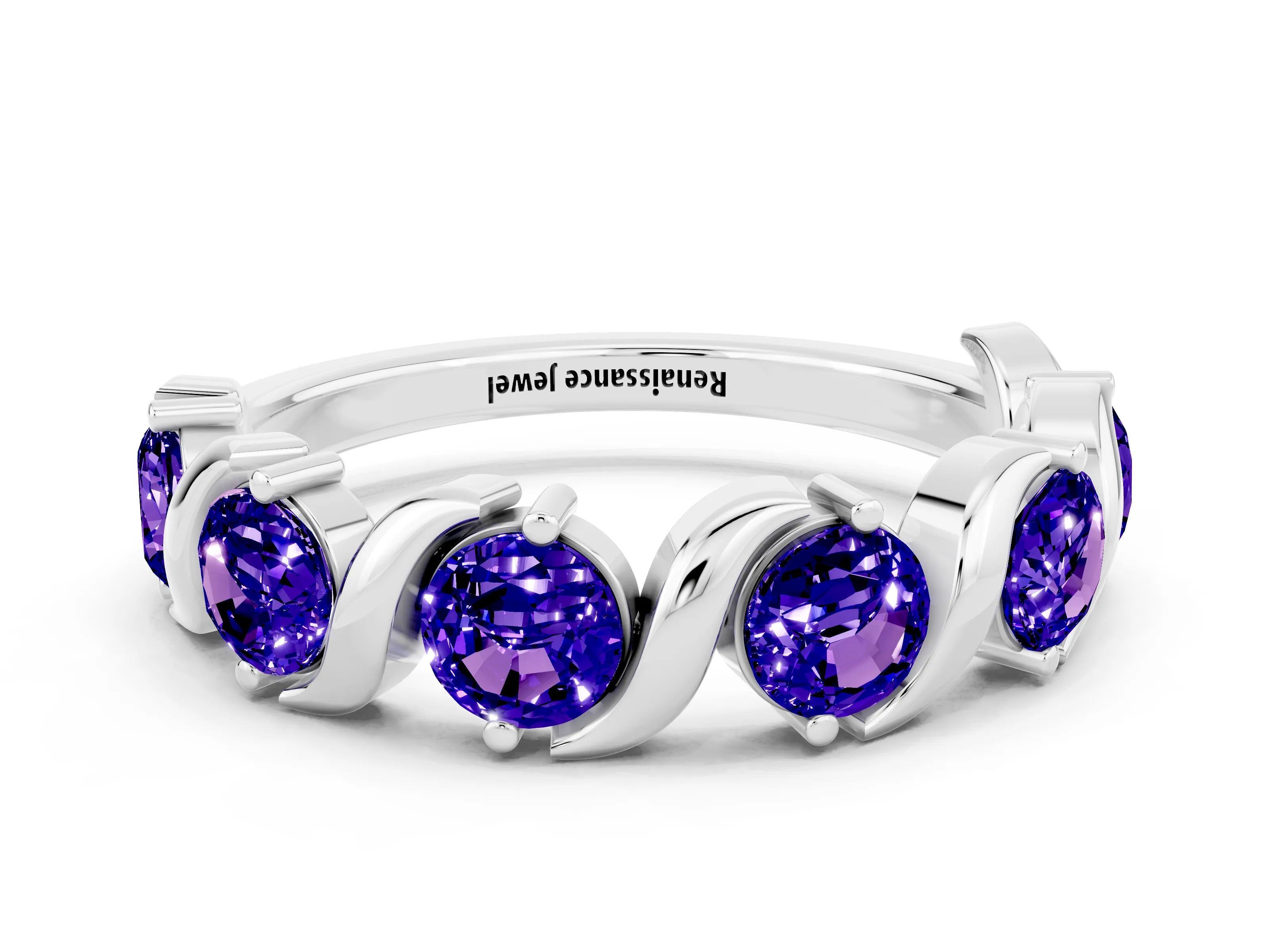 White gold Five-Stone Round Tanzanite Wave Band with Shared Prong Setting_6