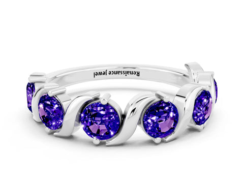 White gold Five-Stone Round Tanzanite Wave Band with Shared Prong Setting_6