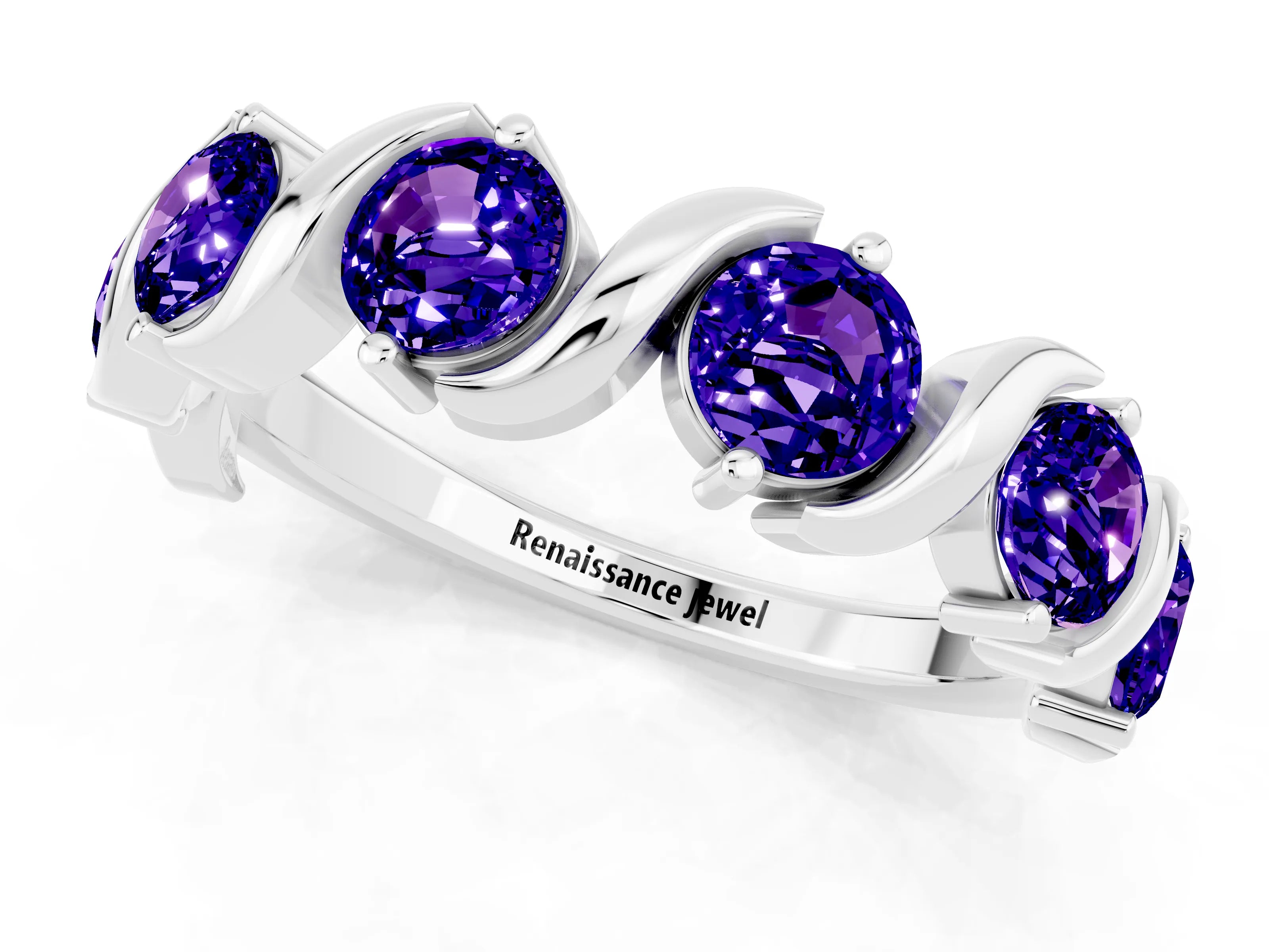 White gold Five-Stone Round Tanzanite Wave Band with Shared Prong Setting_7